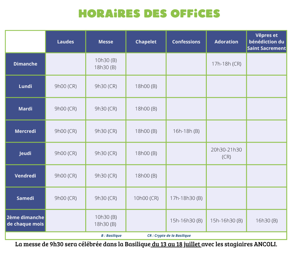 Horaires des office - été 2026